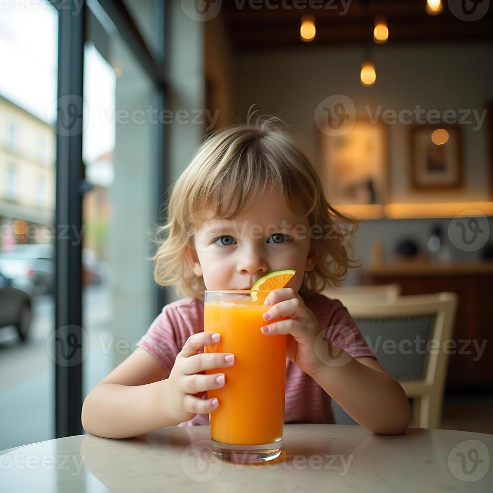 Child Drinking Orange Juice in Cafe with Slice of Citrus photo