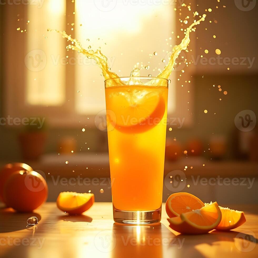 Pouring Orange Juice in Glass with Splashing Liquid Refreshment photo