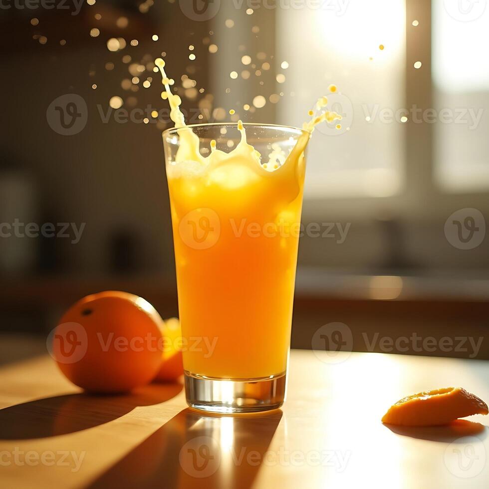 Pouring Fresh Orange Juice with Splashing Into Glass on Table photo
