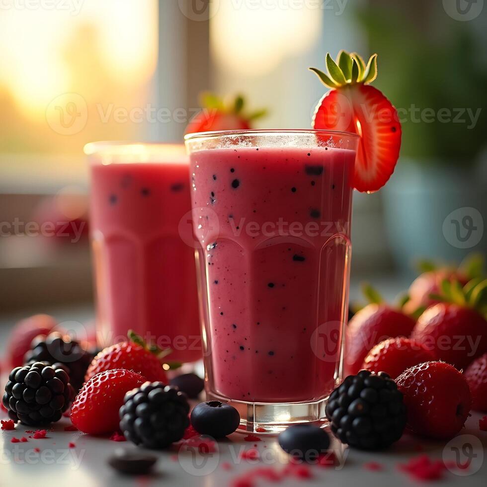 Refreshing Berry Smoothie Drink with Strawberries and Blackberries photo
