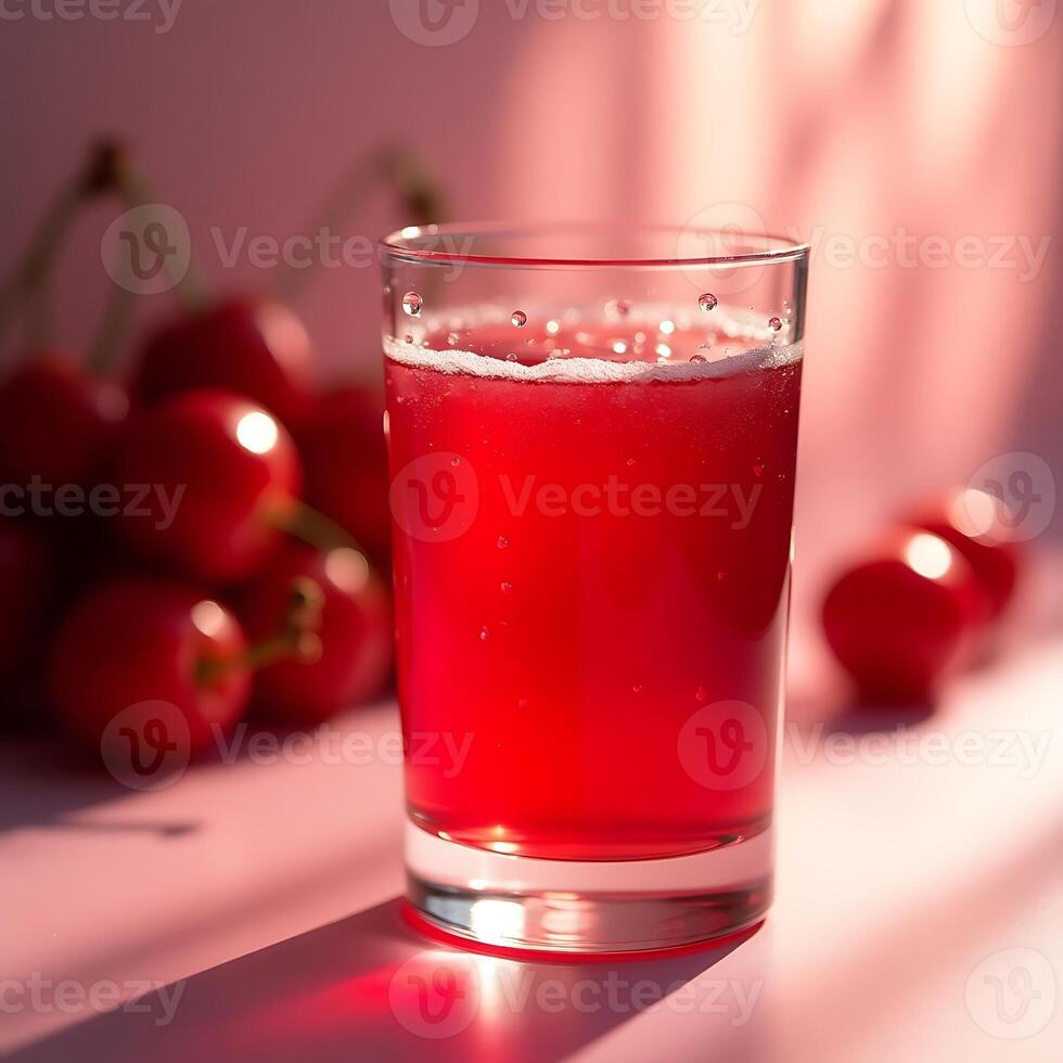 Refreshing Cherry Juice in Glass with Cherries on Pink Background photo