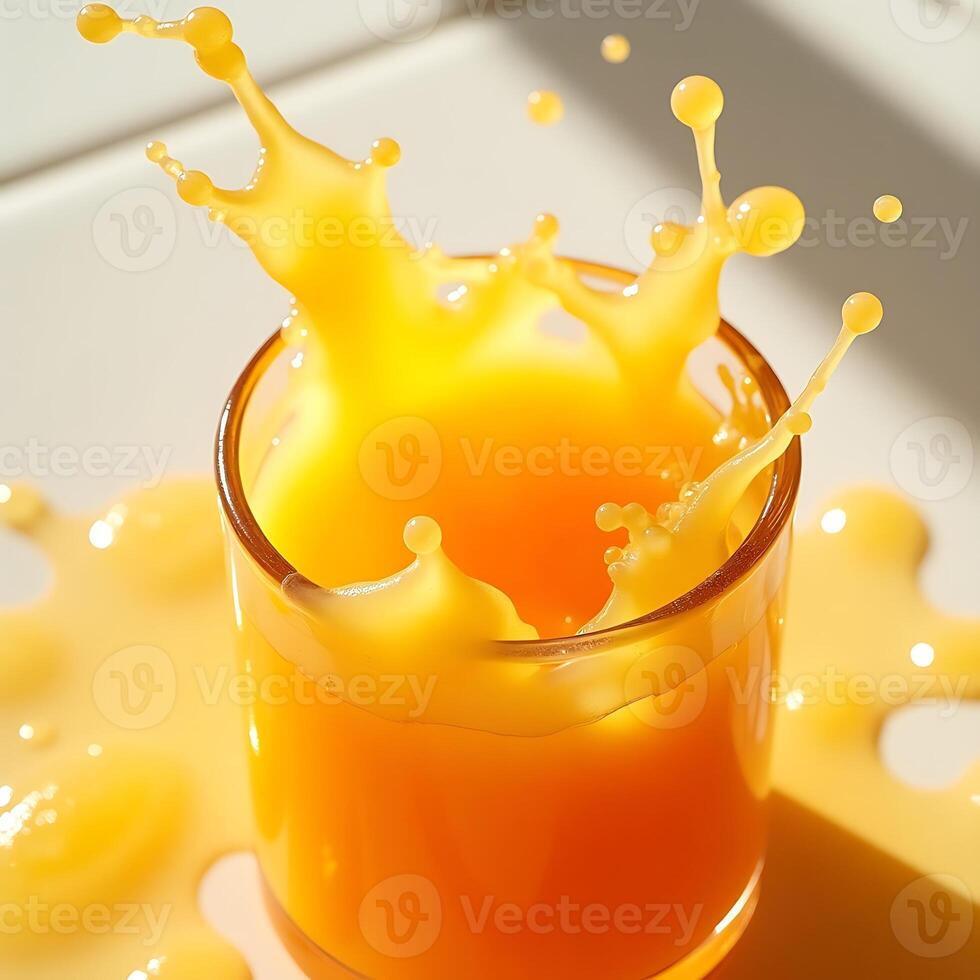 Orange Juice Splashing From Glass Refreshment Concept photo