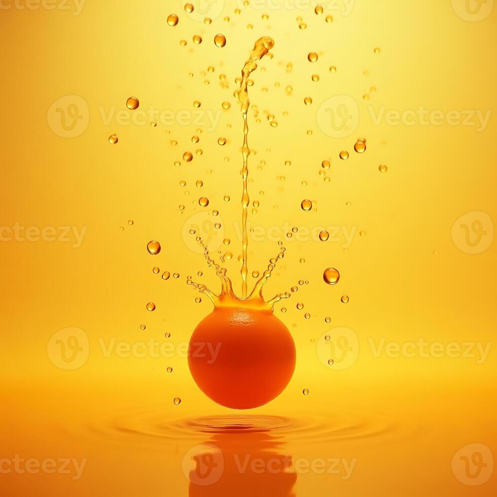 Orange Splashing Into Liquid with Droplets on Yellow Backdrop photo