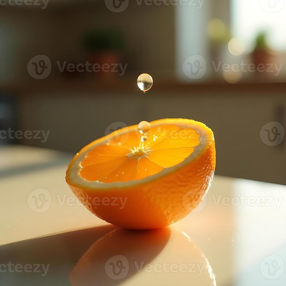 Orange Half with Dripping Juice Drops in Golden Light photo