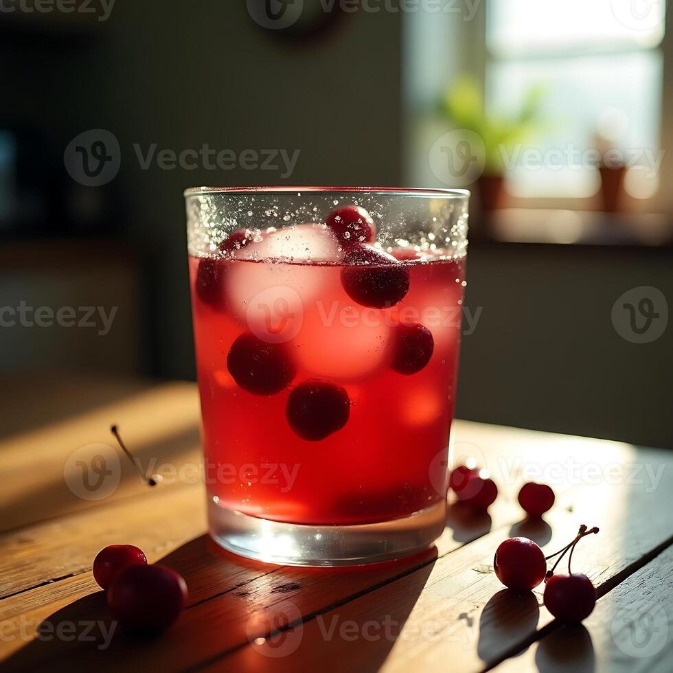 Refreshing Cherry Drink with Ice on a Wooden Table in Sunlight photo