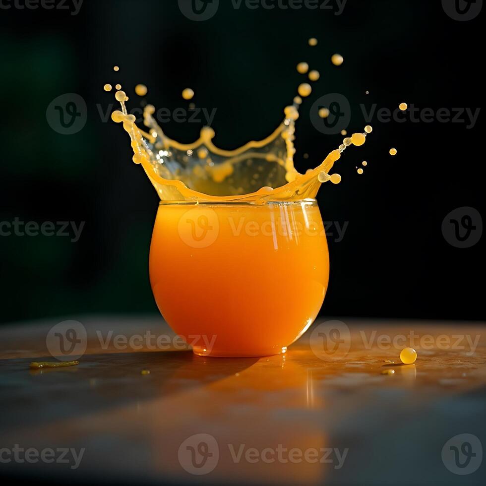 Orange Juice Splashing in Glass Refreshing Drink Closeup photo