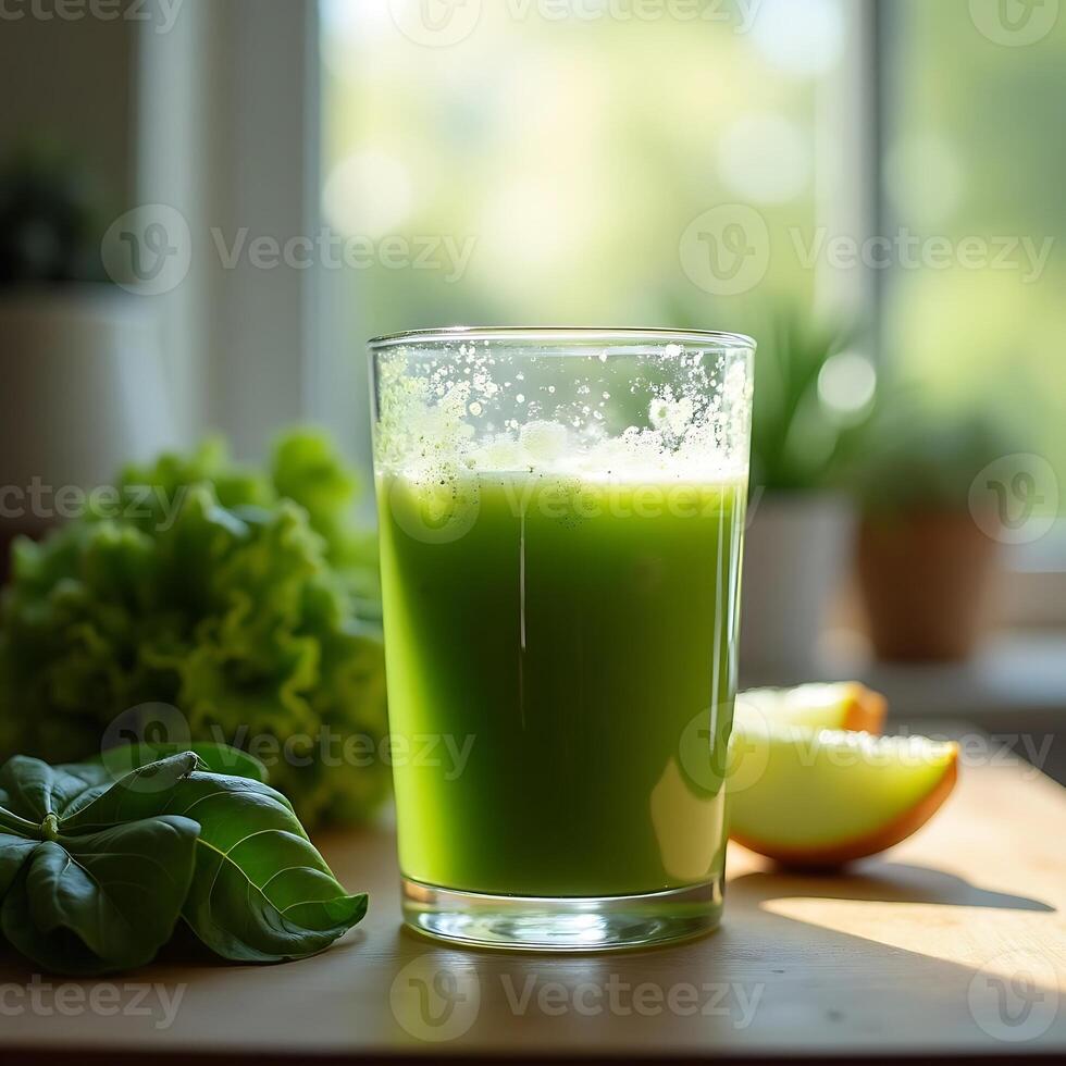 Drinking Green Smoothie with Lettuce and Fruit for Healthy Lifestyle photo