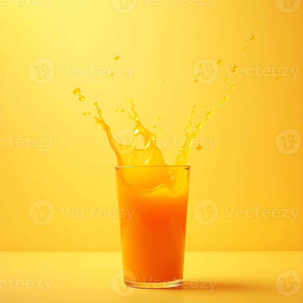 Orange Juice Splashing From Glass on Yellow Background photo