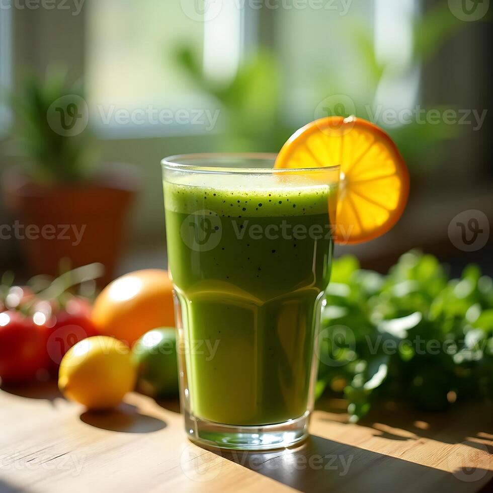 Serving Green Smoothie with Orange Slice and Fresh Vegetables photo