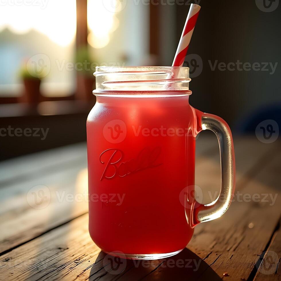 Drinking Refreshing Red Beverage with Straw on Wood Table photo