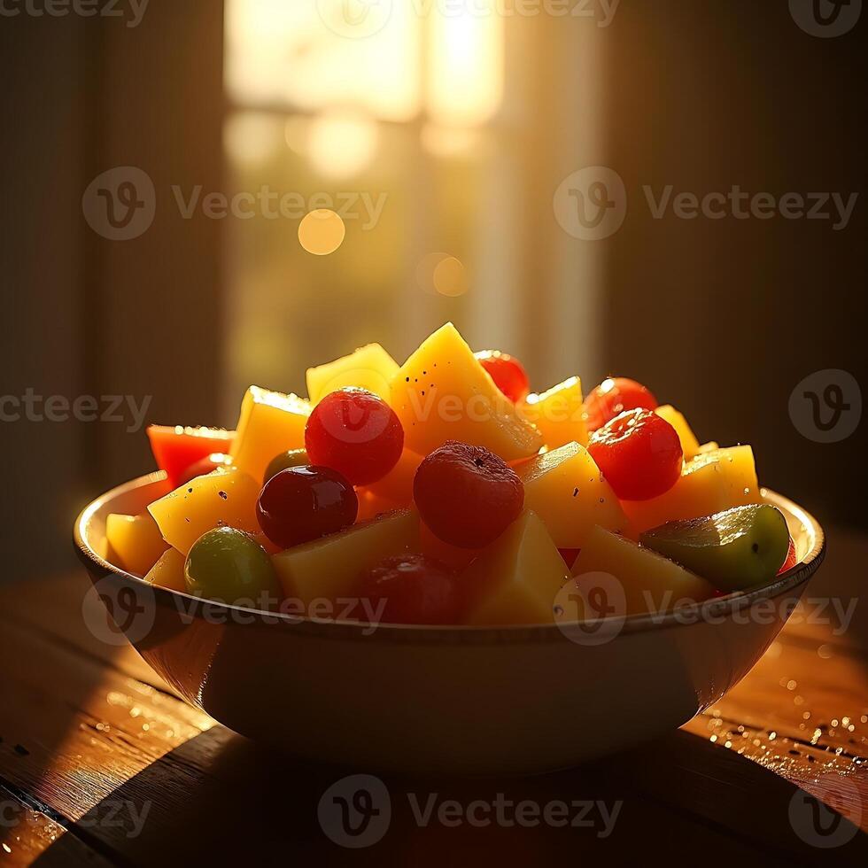 Fruit Salad in Bowl on Wooden Table with Window Light photo