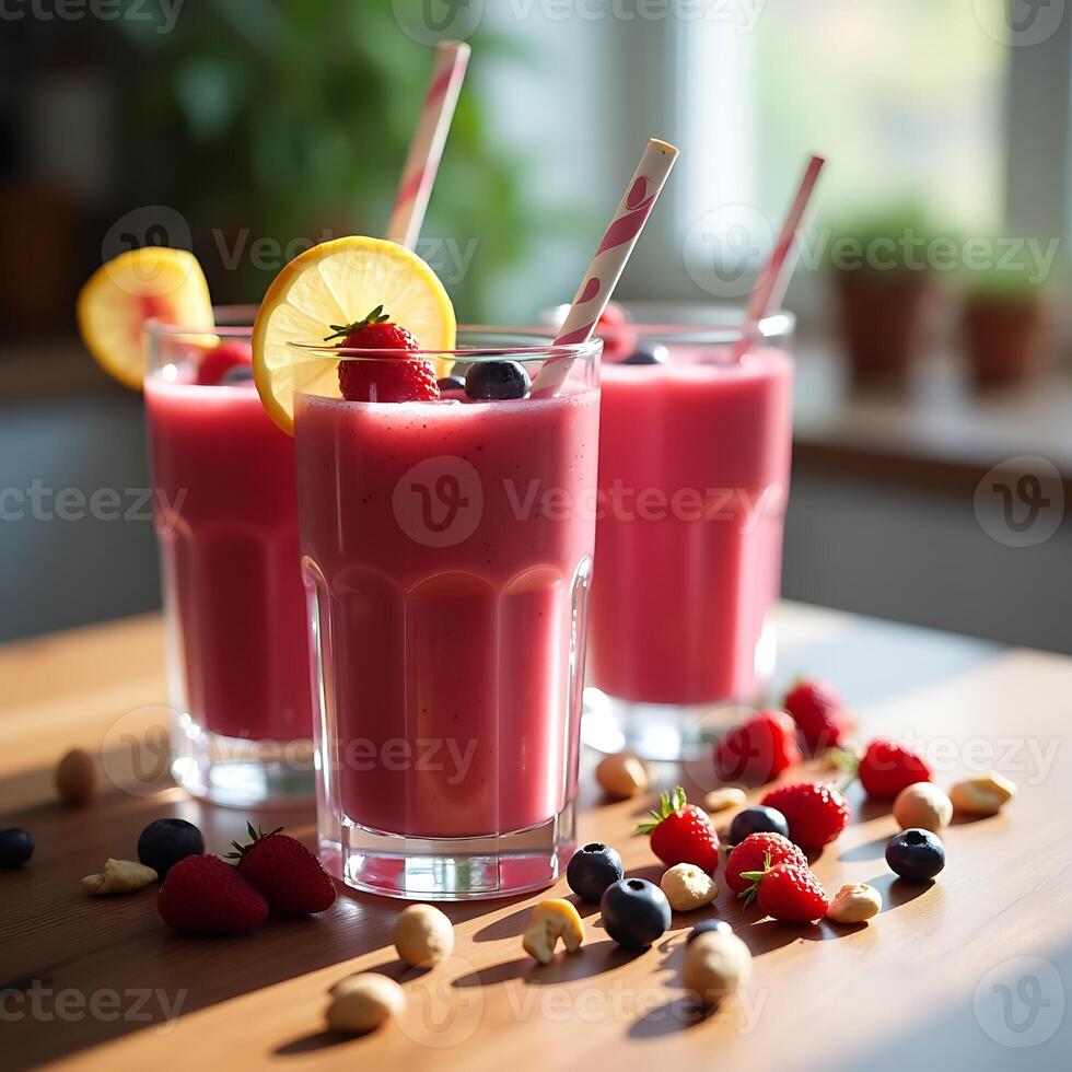 Preparing Berry Smoothie with Strawberries and Blueberries in Glass photo