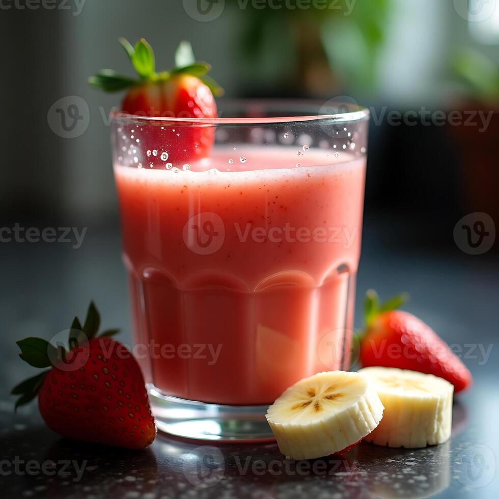 Preparing Refreshing Strawberry Smoothie with Banana photo