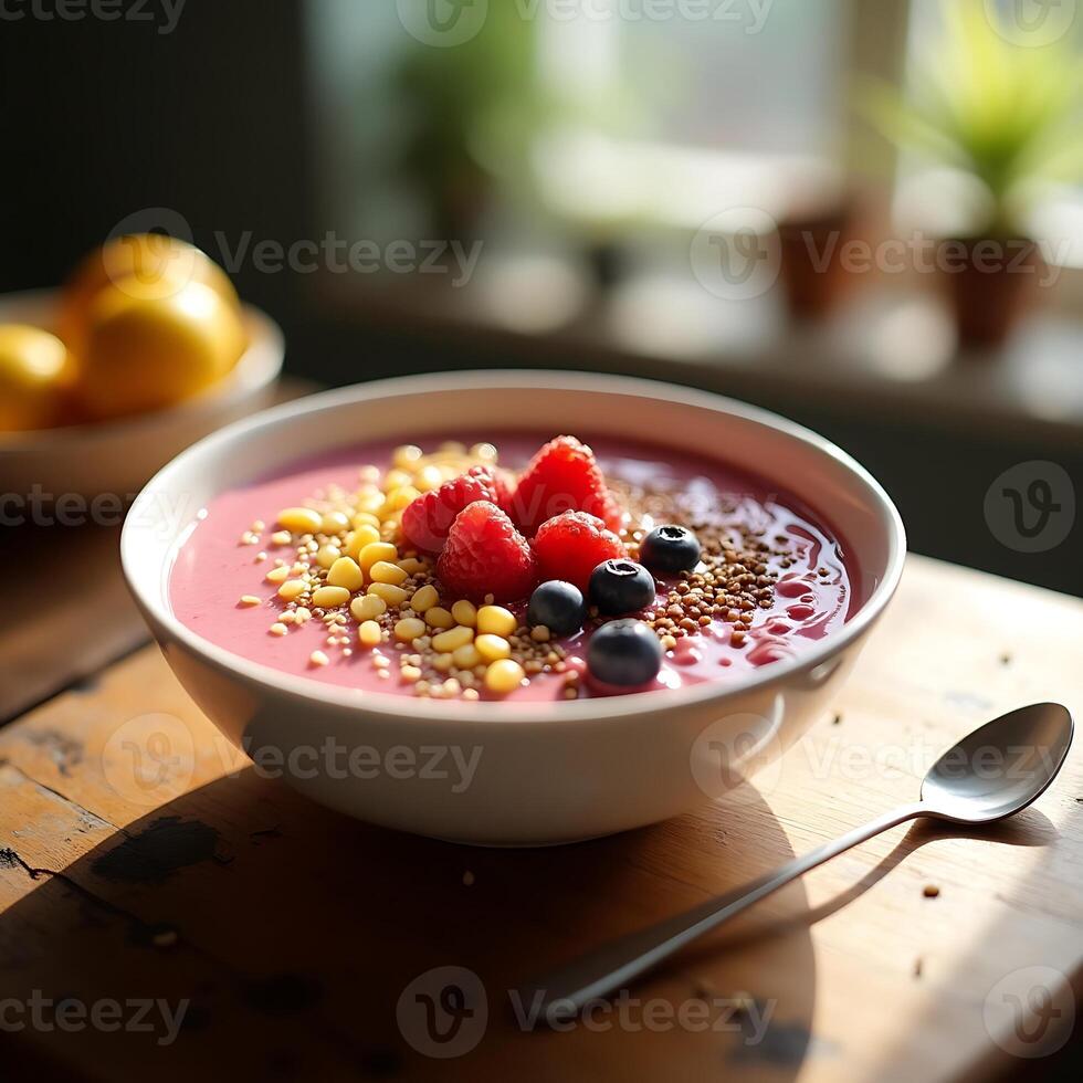 Berry Smoothie Bowl with Raspberries and Blueberries photo