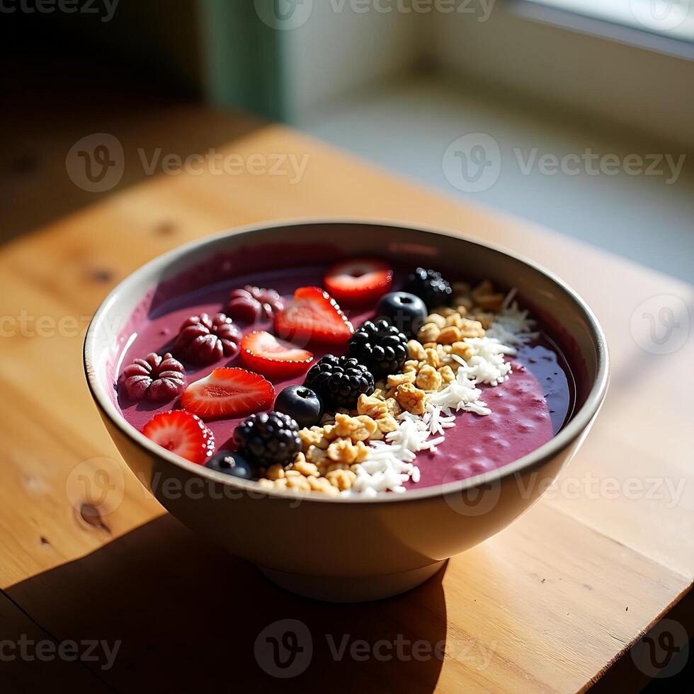 Berry Smoothie Bowl with Fresh Fruit and Granola photo