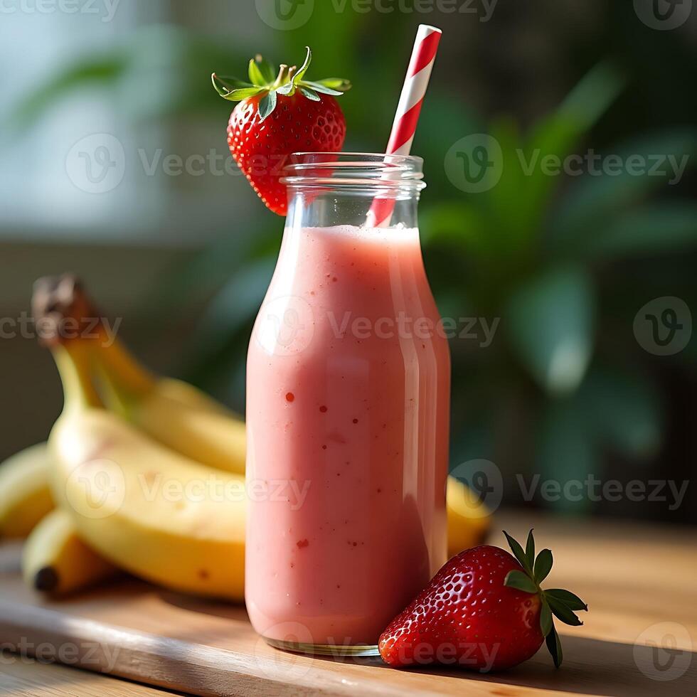 Strawberry Smoothie with Banana on Wooden Board in Natural Light photo