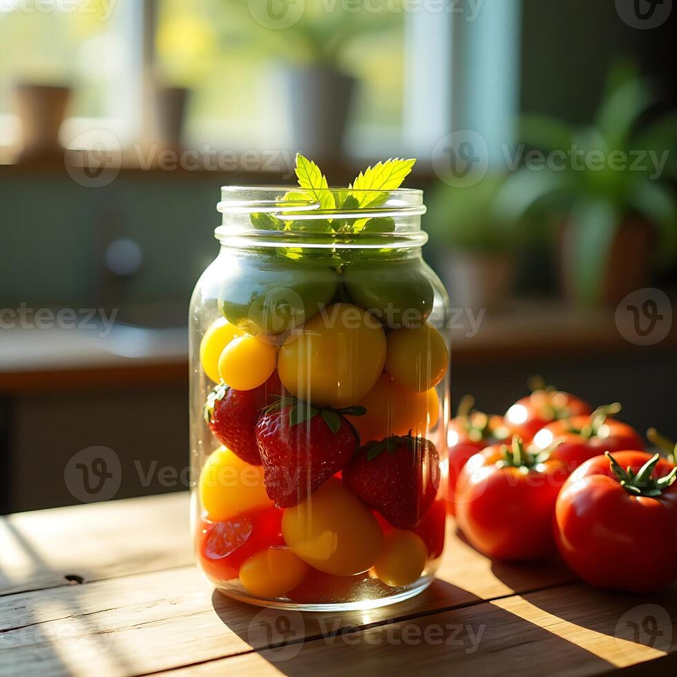 Arranging Colorful Fruits and Vegetables in a Jar on Wood Table photo