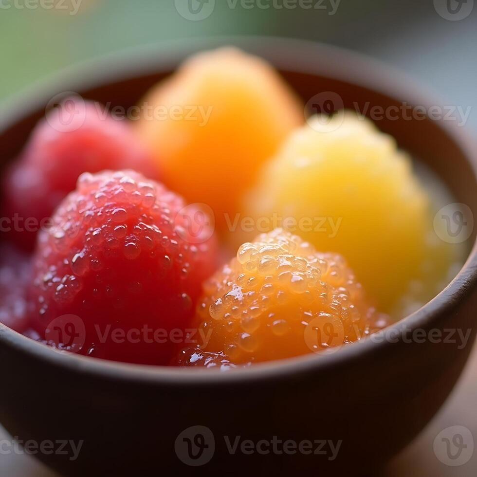 Serving Colorful Fruit Dessert in Bowl Closeup photo