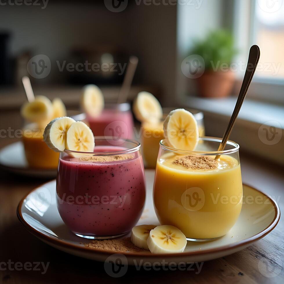 Colorful Fruit Smoothies with Banana Slices on Plate photo