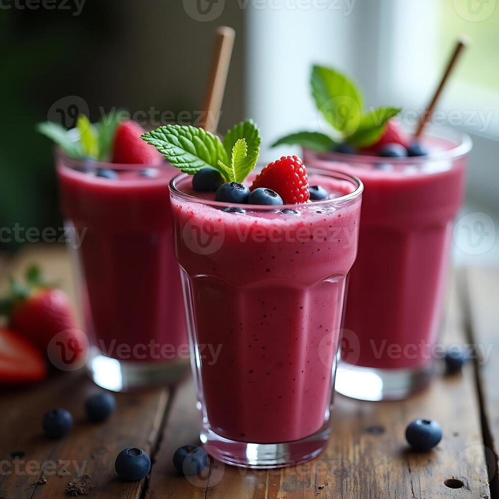 Berry Smoothie Glasses with Fresh Fruit on Wooden Table photo