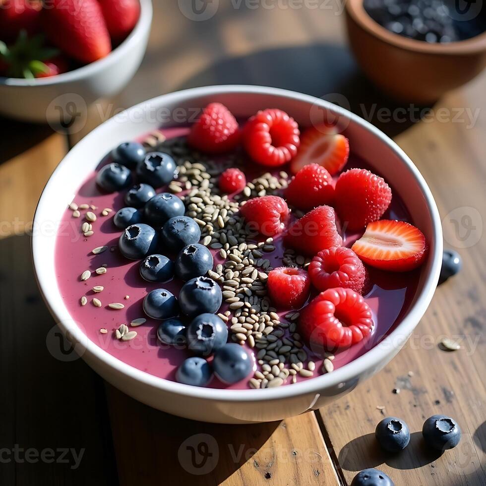 Berry Smoothie Bowl with Fresh Fruits and Seeds on Wooden Table photo