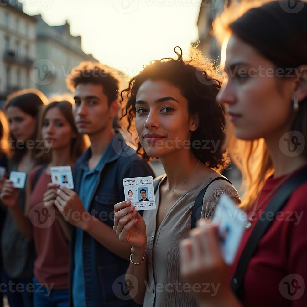 People Holding Identification Cards in a City Street photo