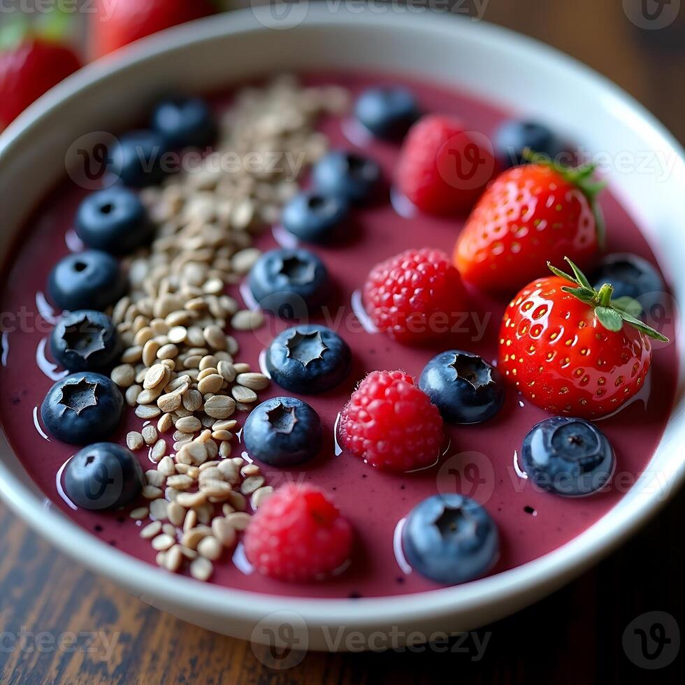 Berry Smoothie Bowl with Seeds and Fresh Fruit Close-up photo