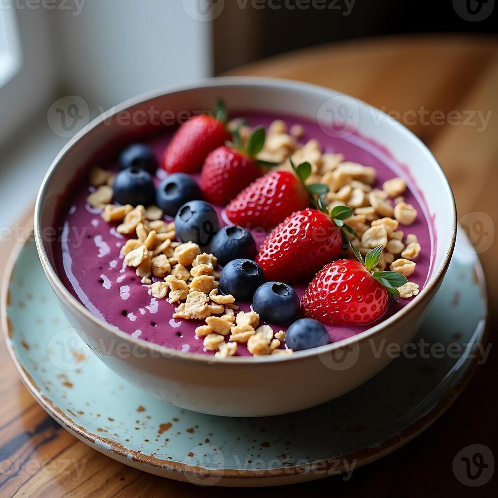 Berry Smoothie Bowl with Fresh Strawberries, Blueberries and Granola photo