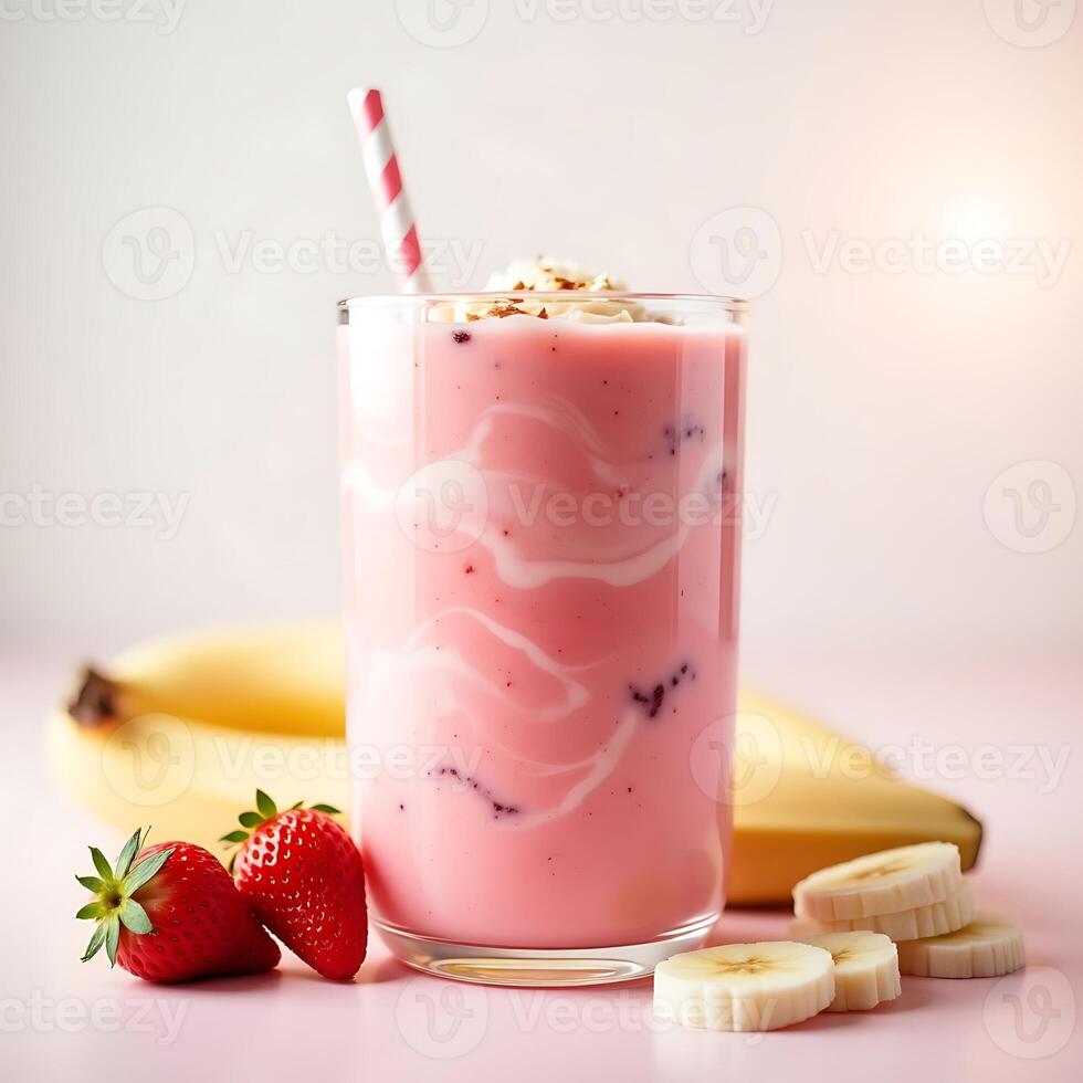 Pink Smoothie with Strawberries and Bananas Refreshing Drink photo