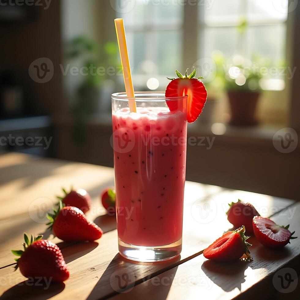 Enjoying Fresh Strawberry Smoothie with Fruit and Straw photo