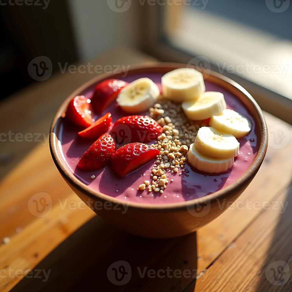 Enjoying Fresh Smoothie Bowl with Fruits on Sunny Wooden Table photo