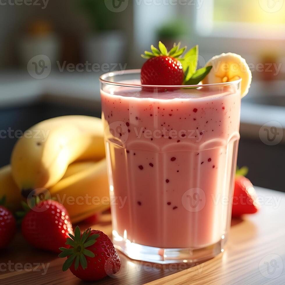Strawberry Banana Smoothie in Glass with Fresh Fruits photo