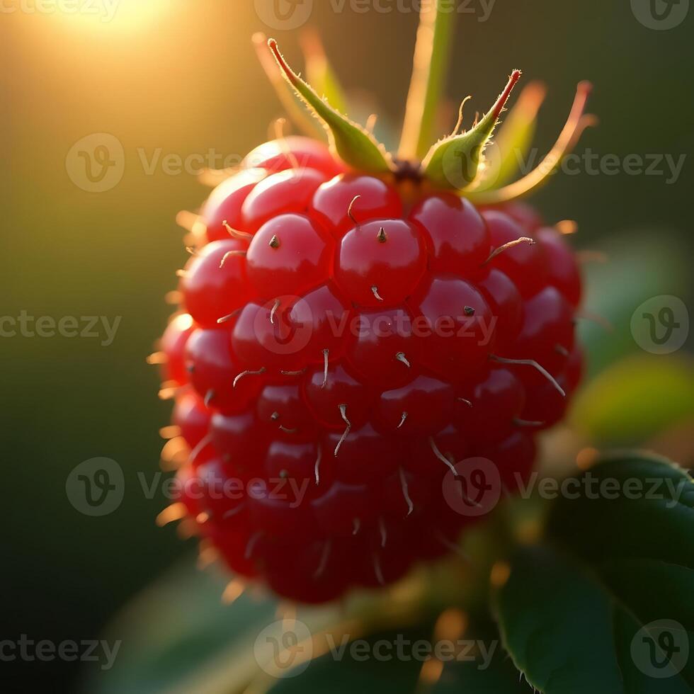 Close-up of Fresh Red Raspberry Growing in Garden at Sunset photo