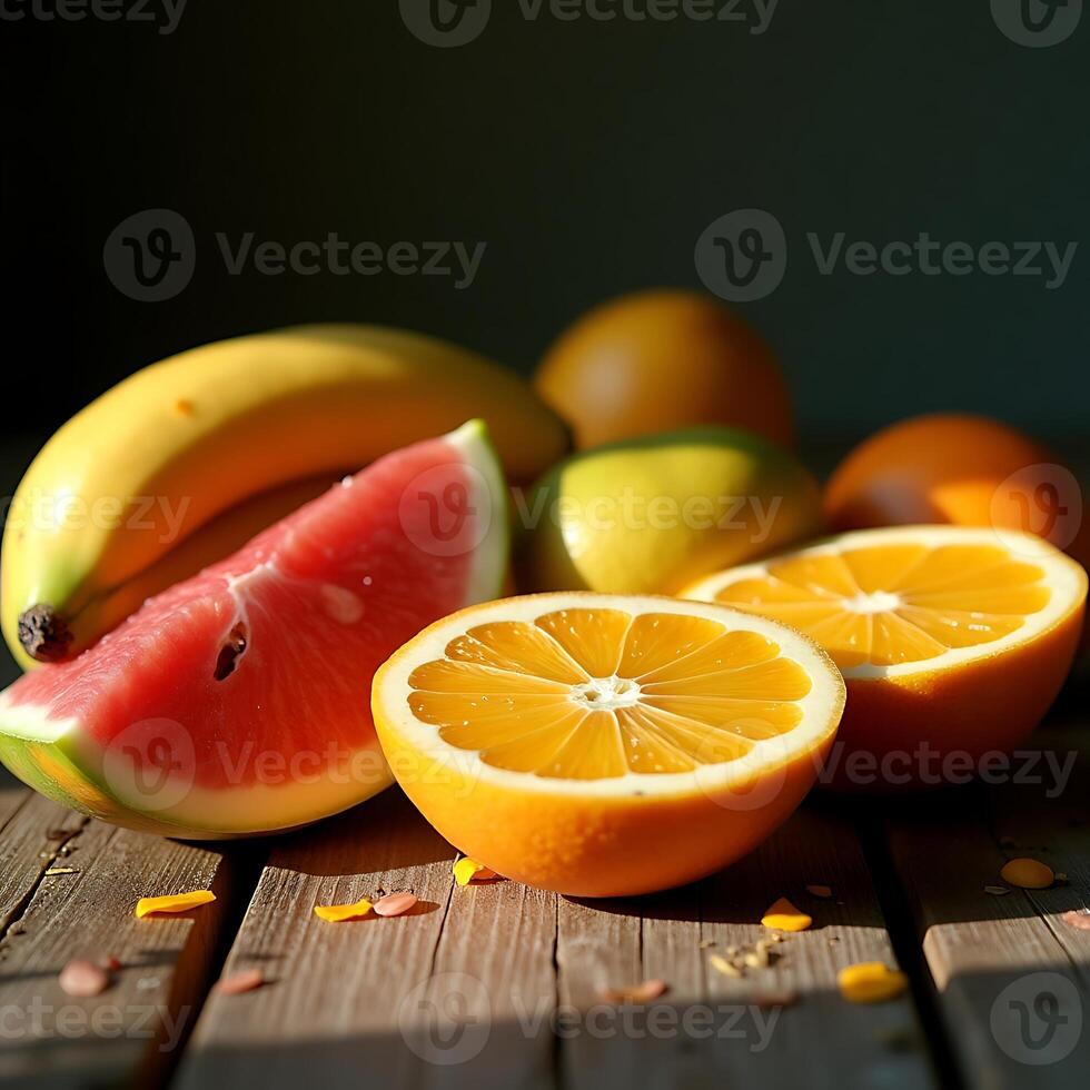 Fresh Fruits Still Life with Orange, Watermelon and Banana on Wooden Table photo