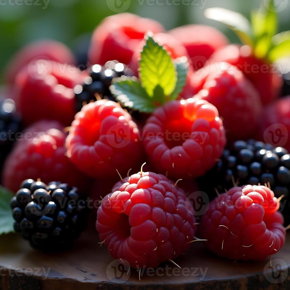 Fresh Raspberries and Blackberries on Wooden Surface photo