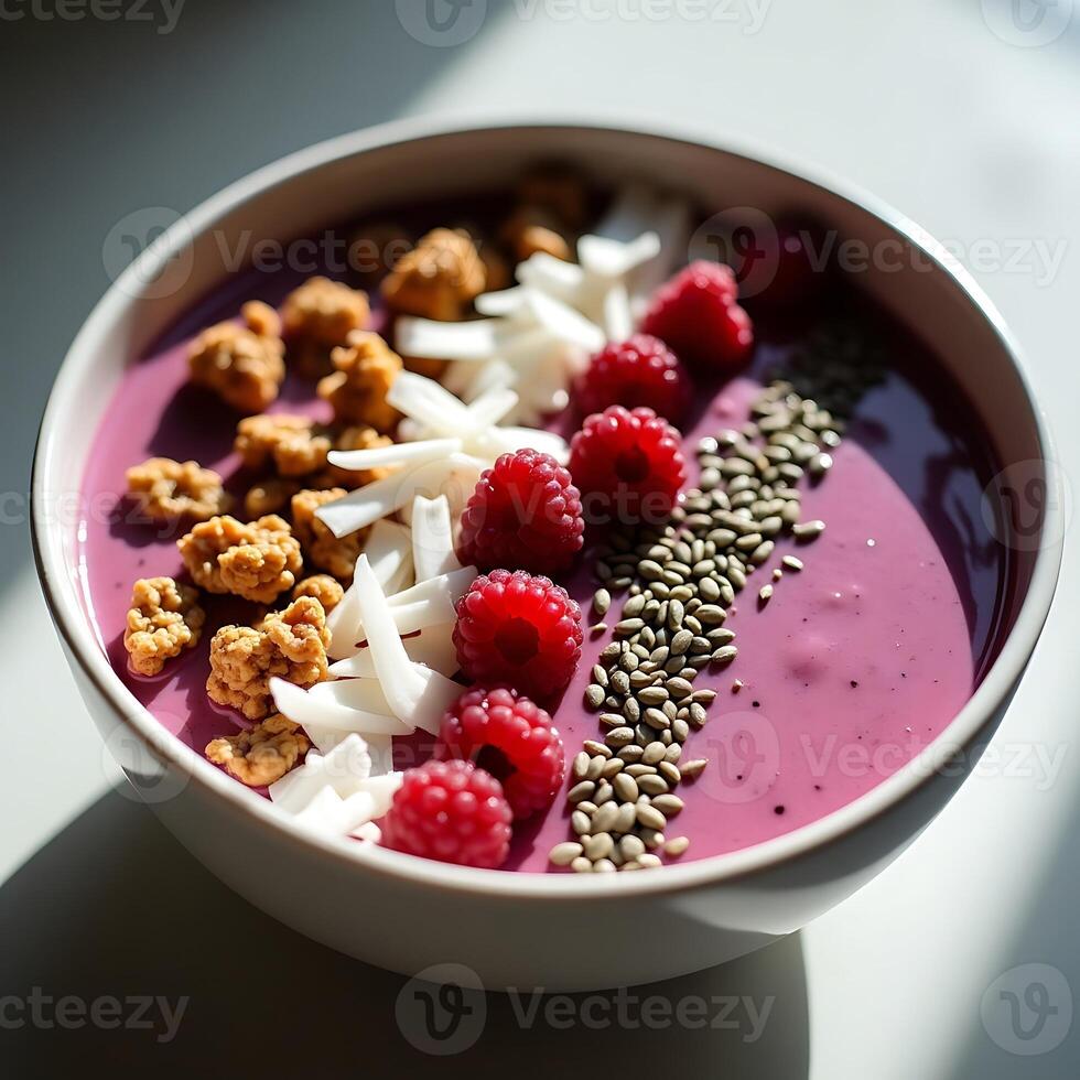 Berry Smoothie Bowl with Raspberries Coconut and Seeds photo