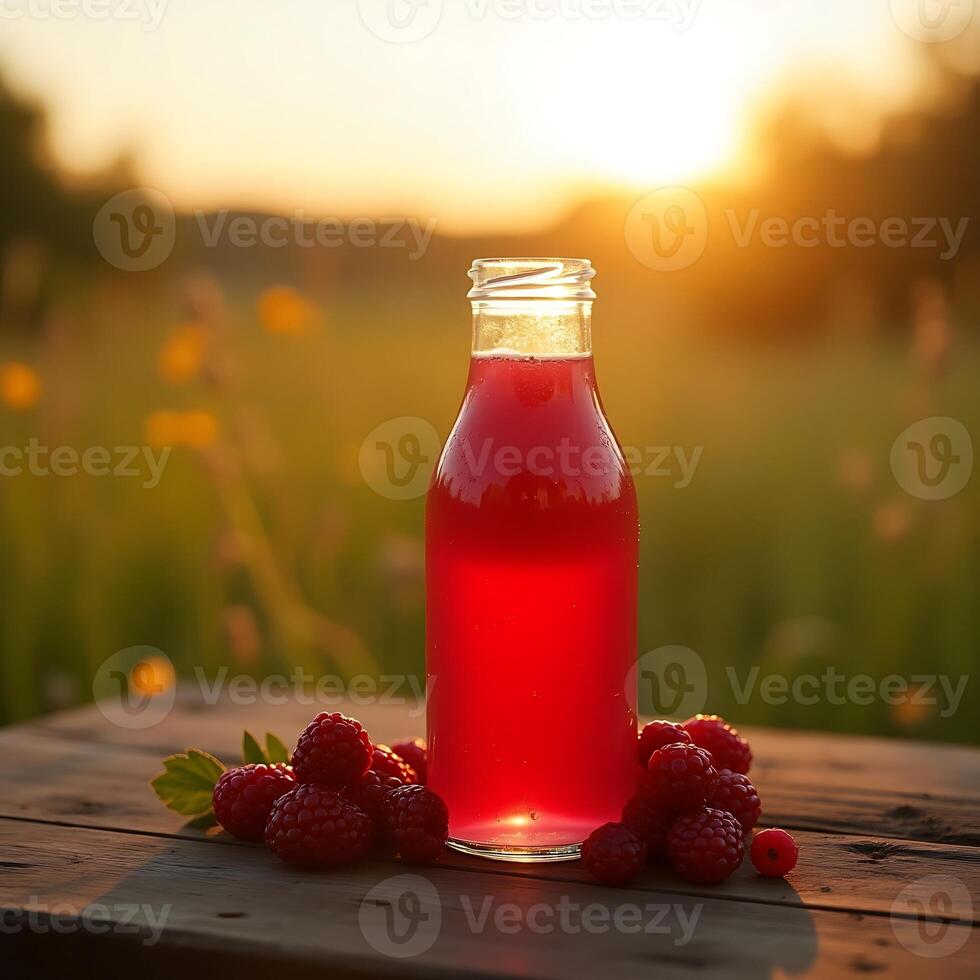 Raspberry Drink on Wooden Table with Sunset in Background photo