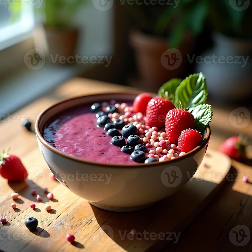 Berry Smoothie Bowl Topped with Fresh Fruit and Mint photo