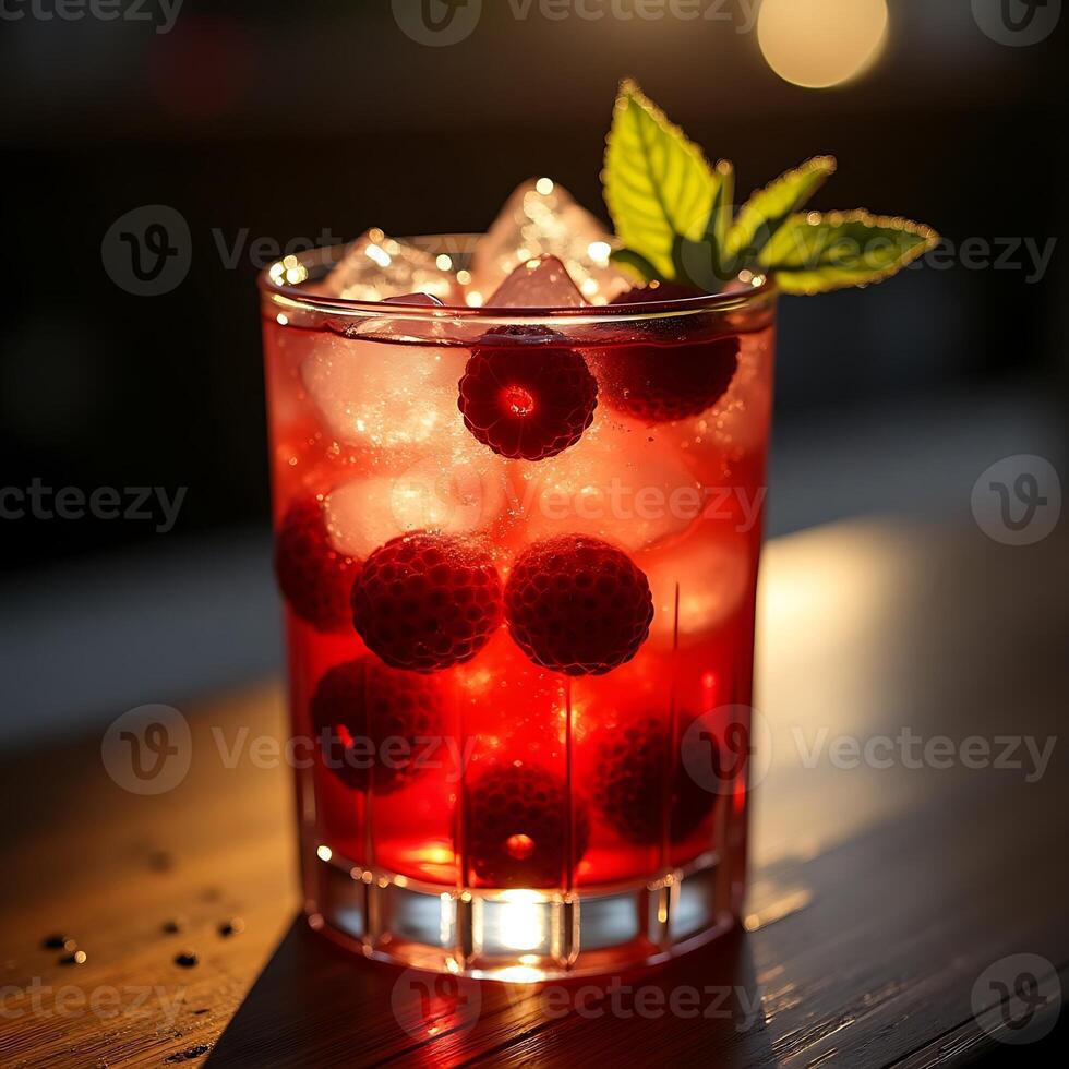 Refreshing Raspberry Drink with Ice and Mint, Summer Beverage photo