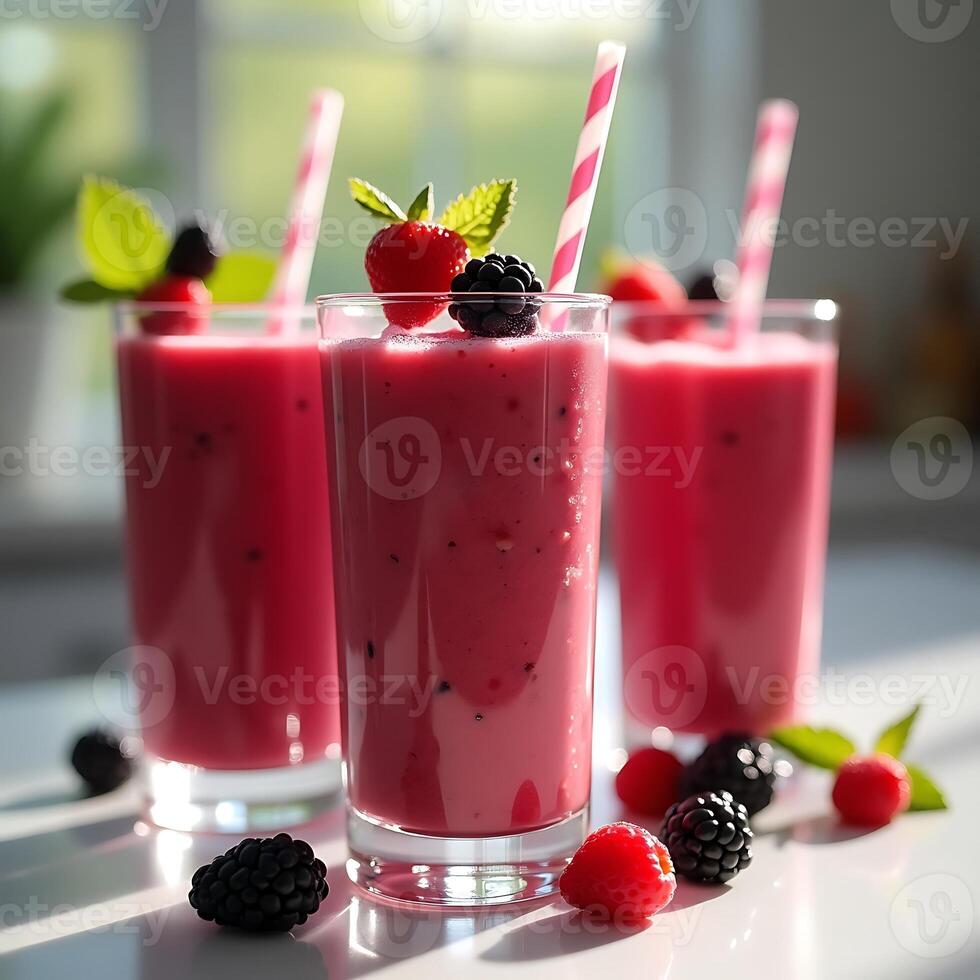 Berry Smoothie Drinks Refreshing Pink Smoothies with Strawberries and Blackberries photo