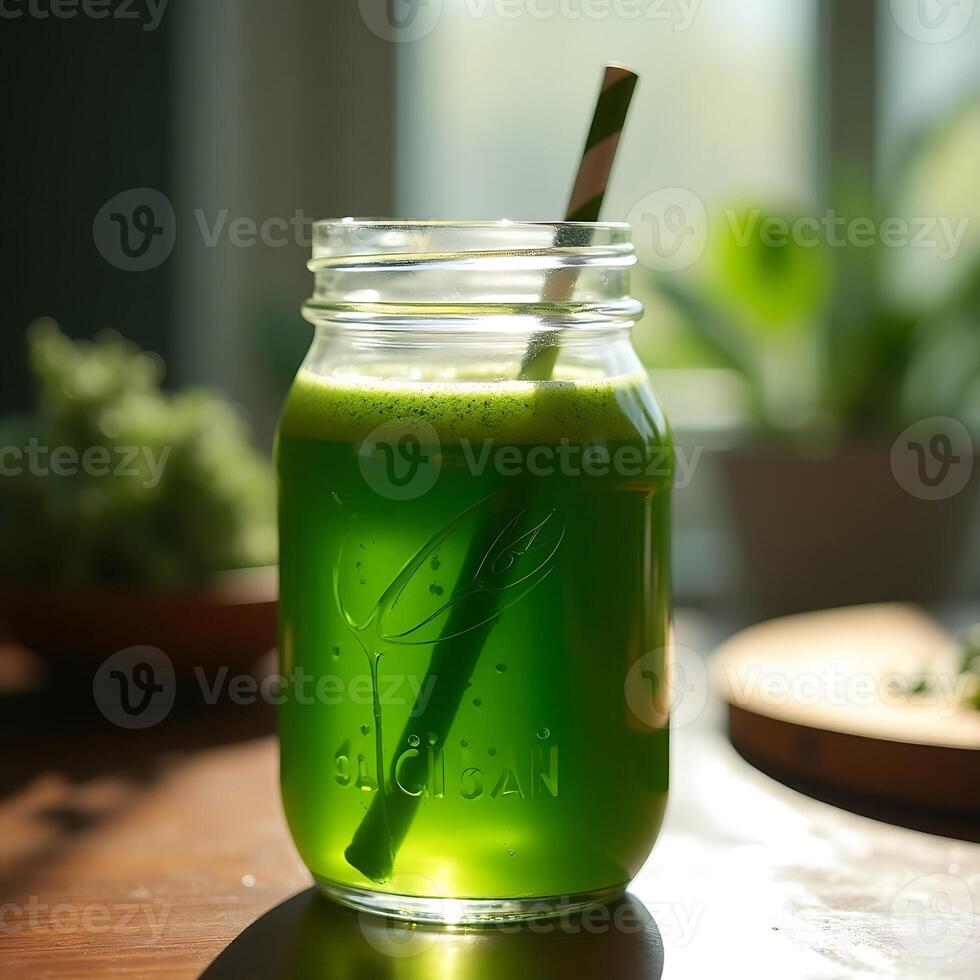 Fresh Green Juice in Glass Jar with Straw on Wooden Table photo