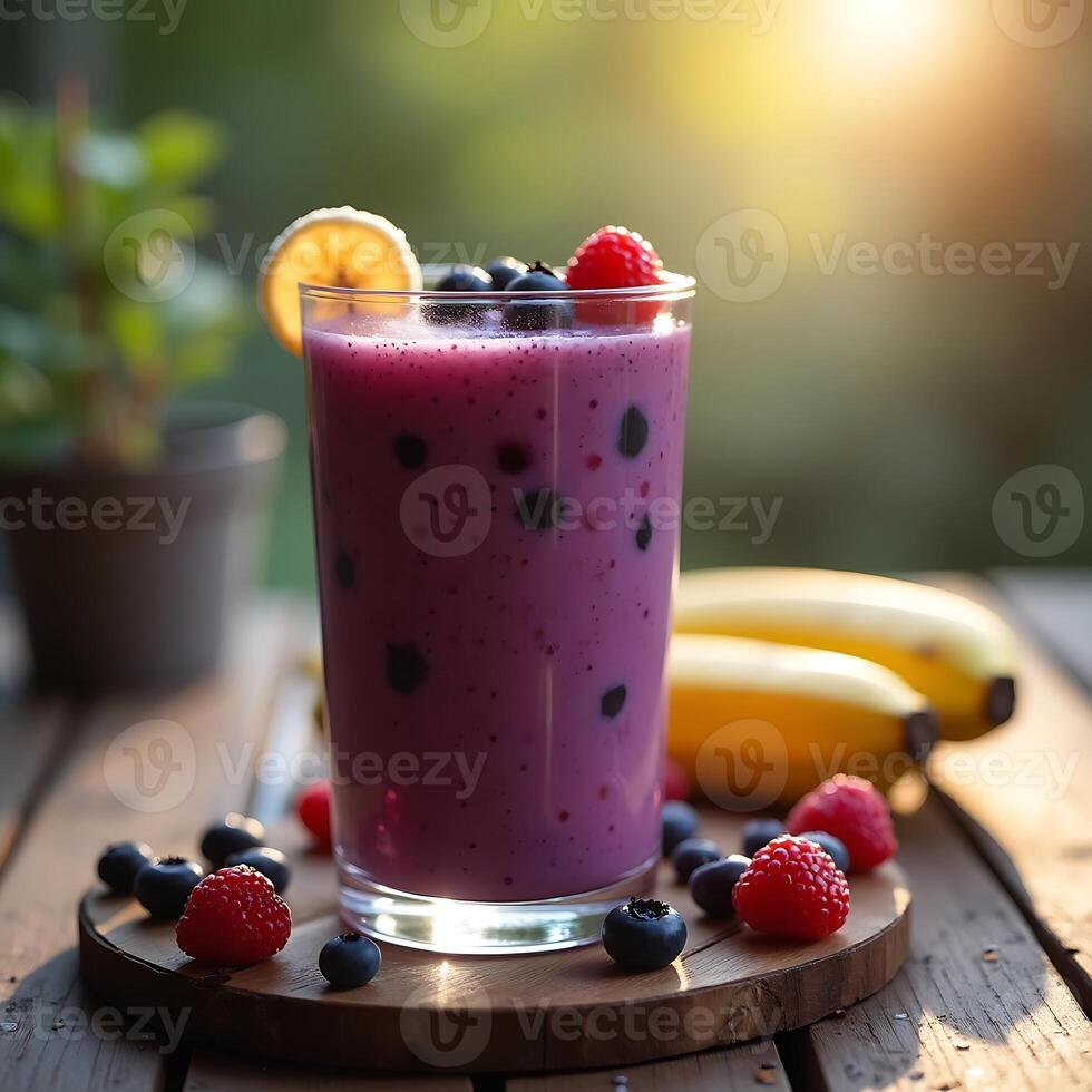 Berry Smoothie with Fruit Garnish on Wooden Table in Natural Light photo