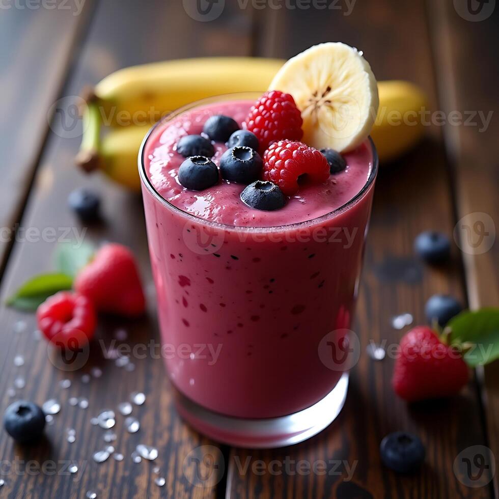 Berry Smoothie with Banana and Berries on a Wooden Table photo