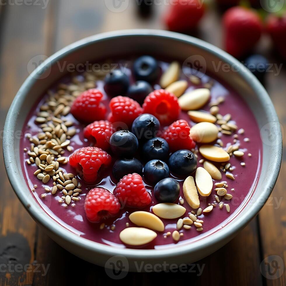Berry Smoothie Bowl Topped with Raspberries and Seeds photo