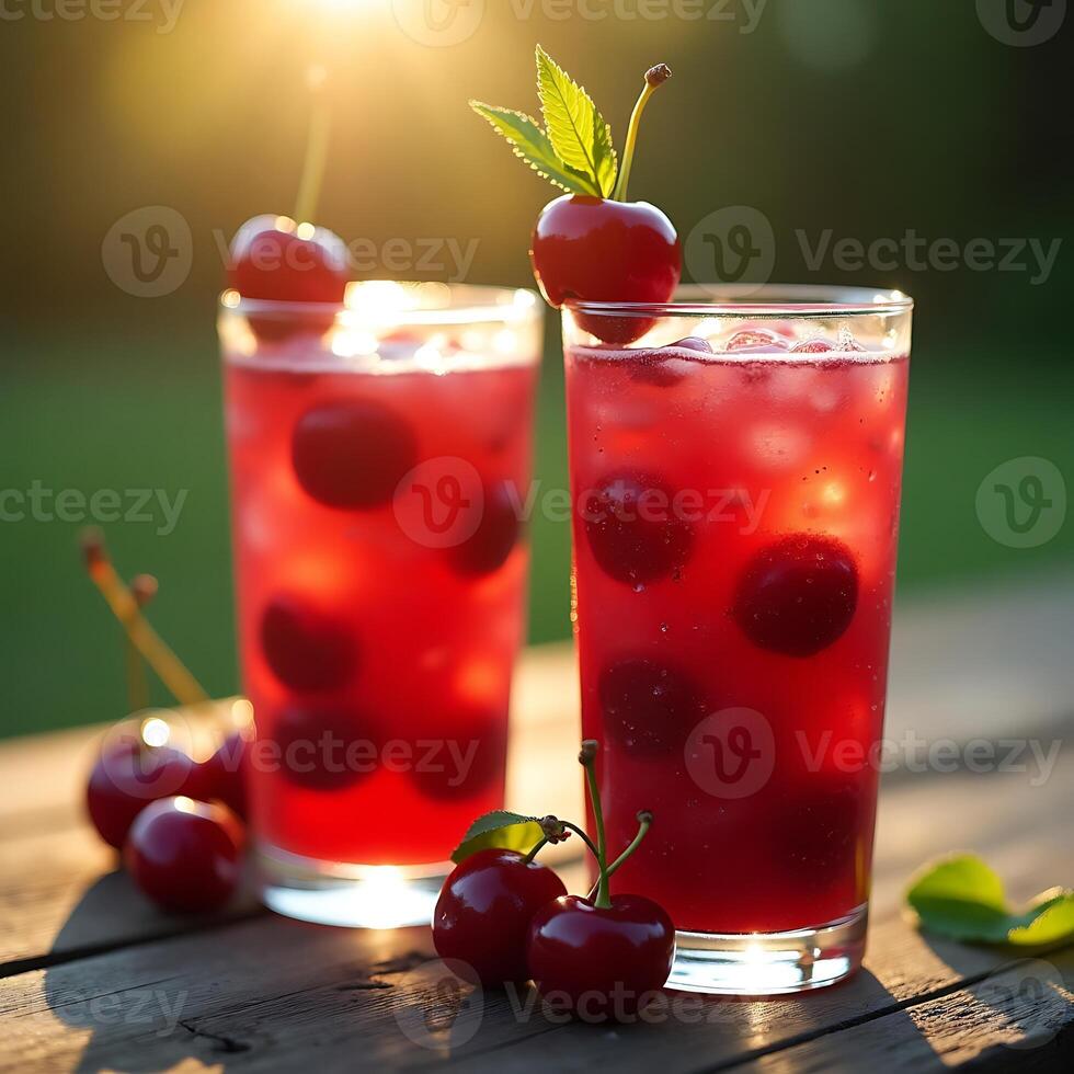 Enjoying Cherry Drink Outdoors with Refreshing Ice photo