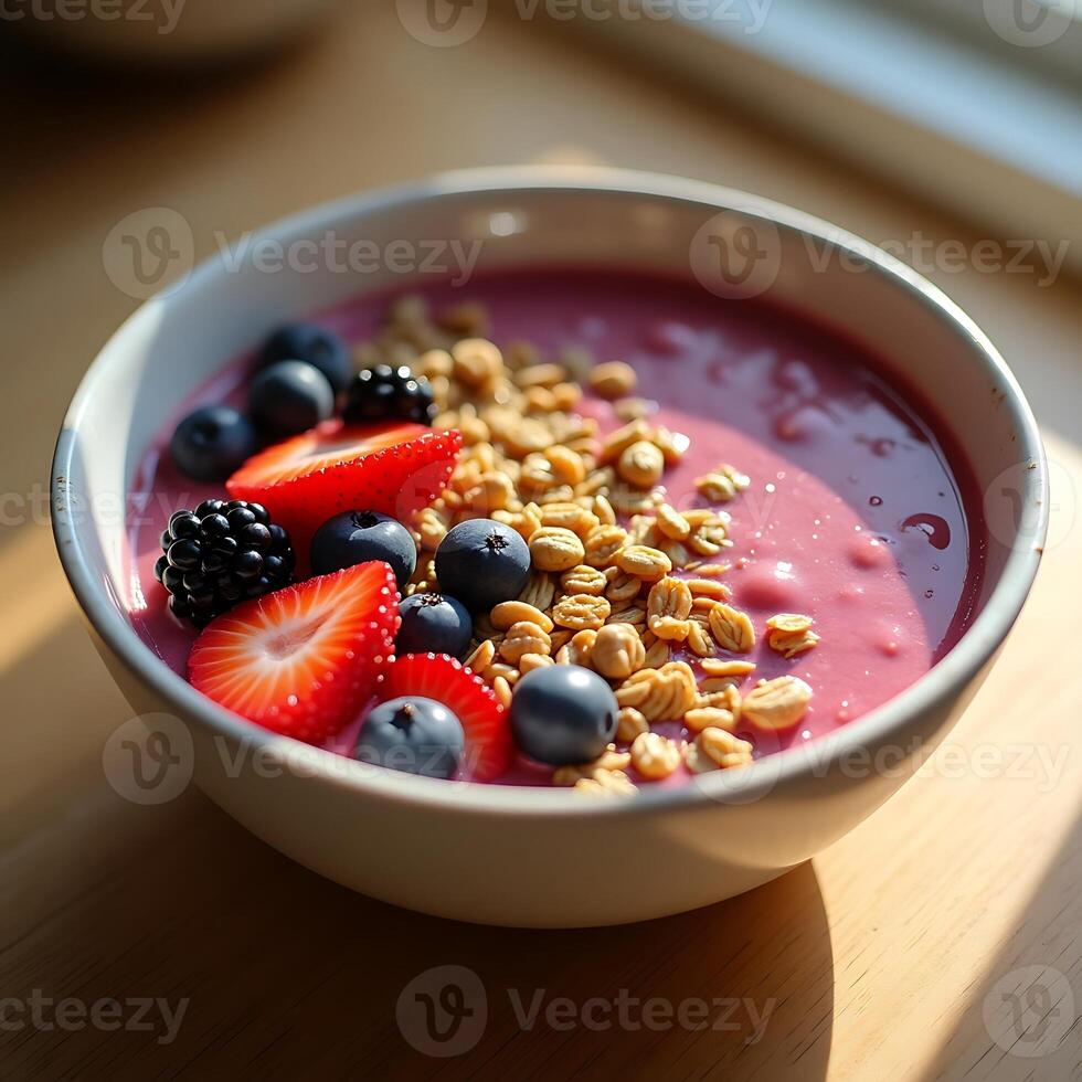 Berry Smoothie Bowl with Granola and Fresh Fruit Closeup photo