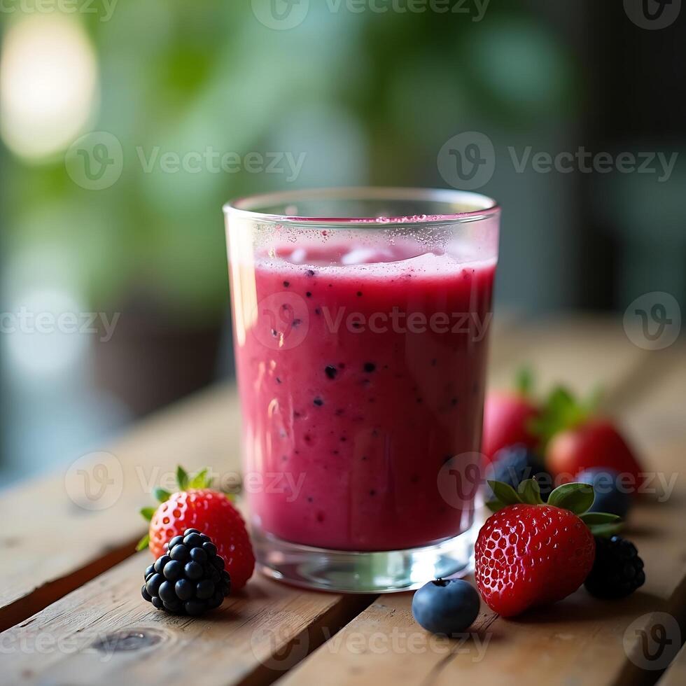 Berry Smoothie in Glass with Strawberries and Blueberries on Table photo