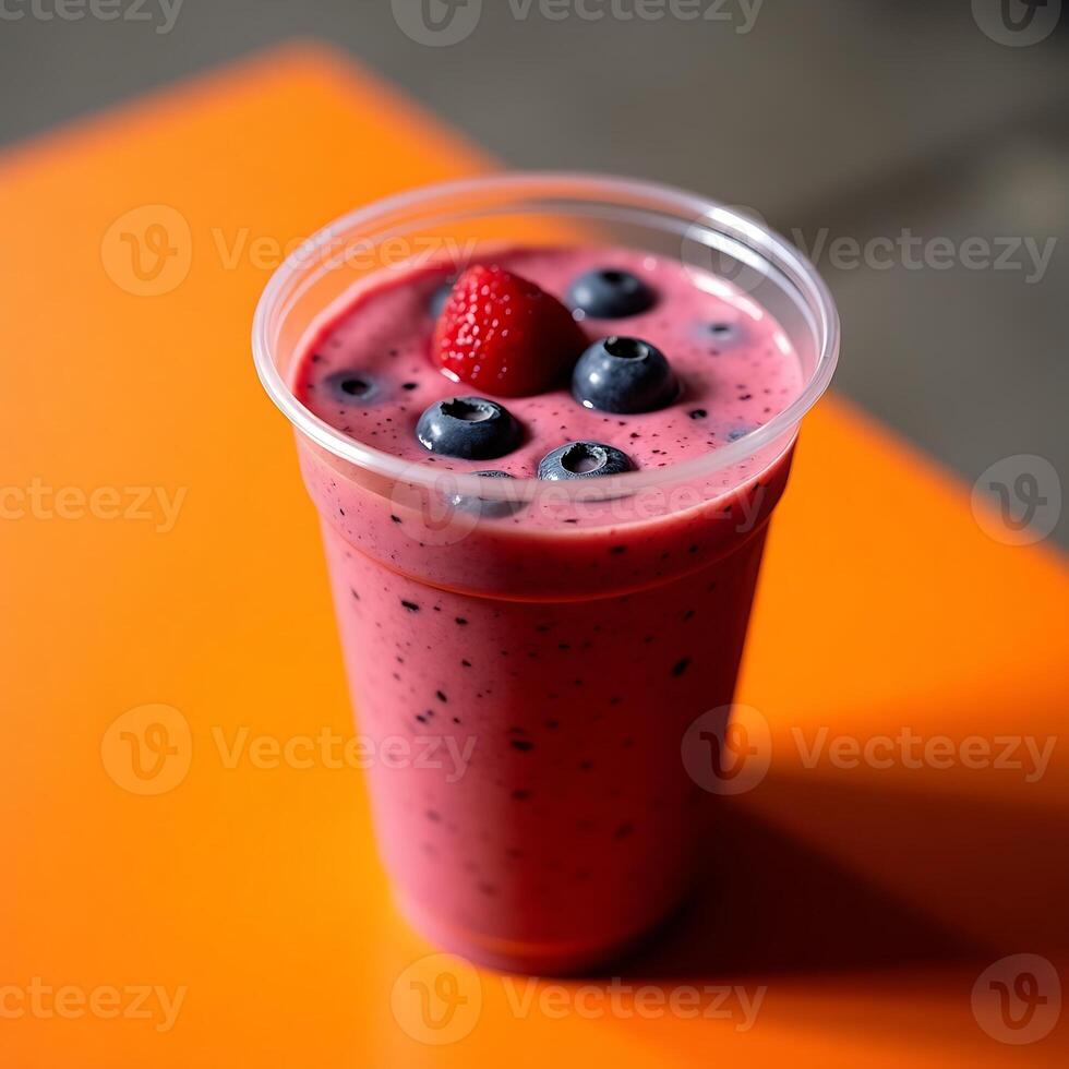 Berry Smoothie in Plastic Cup with Raspberry and Blueberries photo
