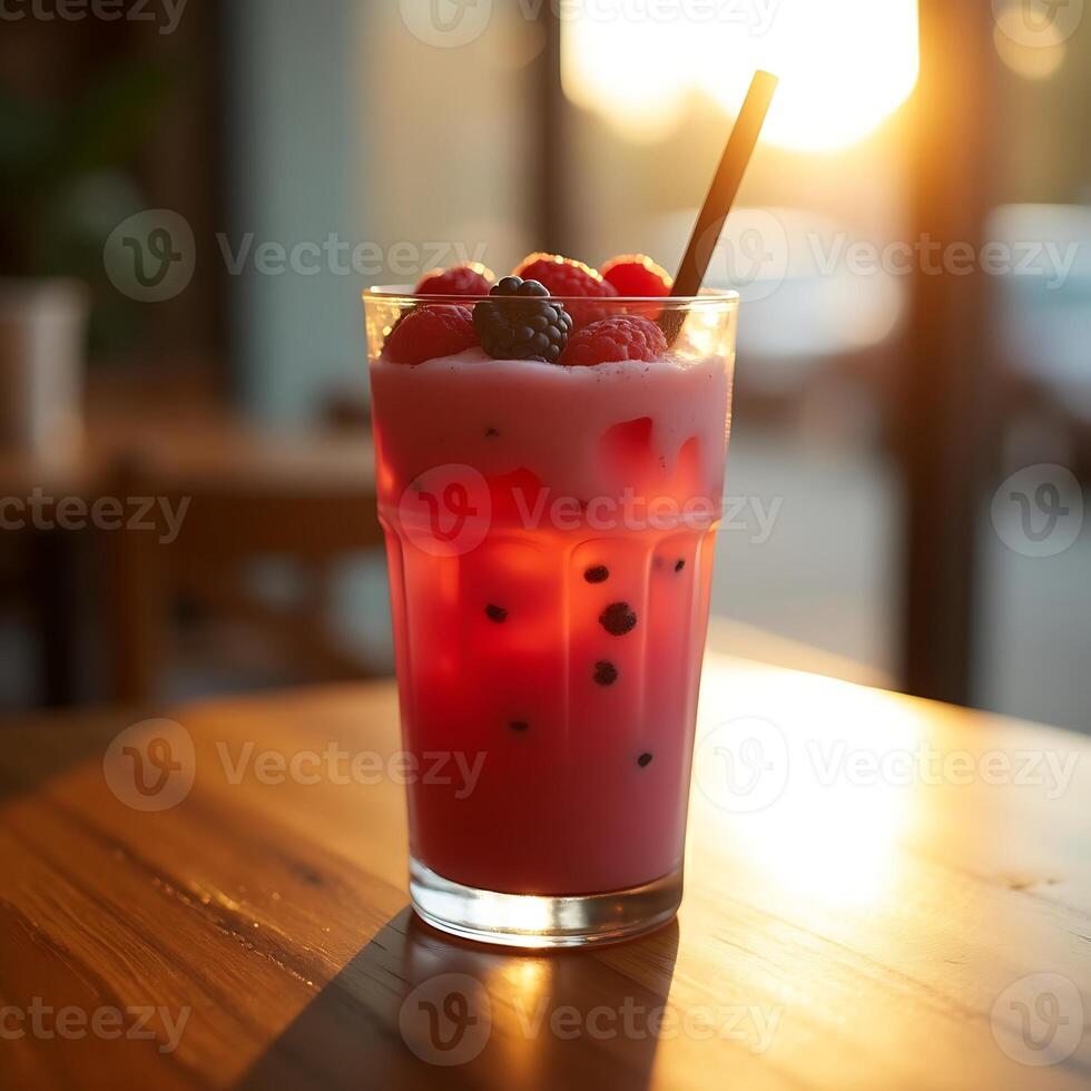 Refreshing Berry Smoothie with Straw on Wood Table in Warm Light photo
