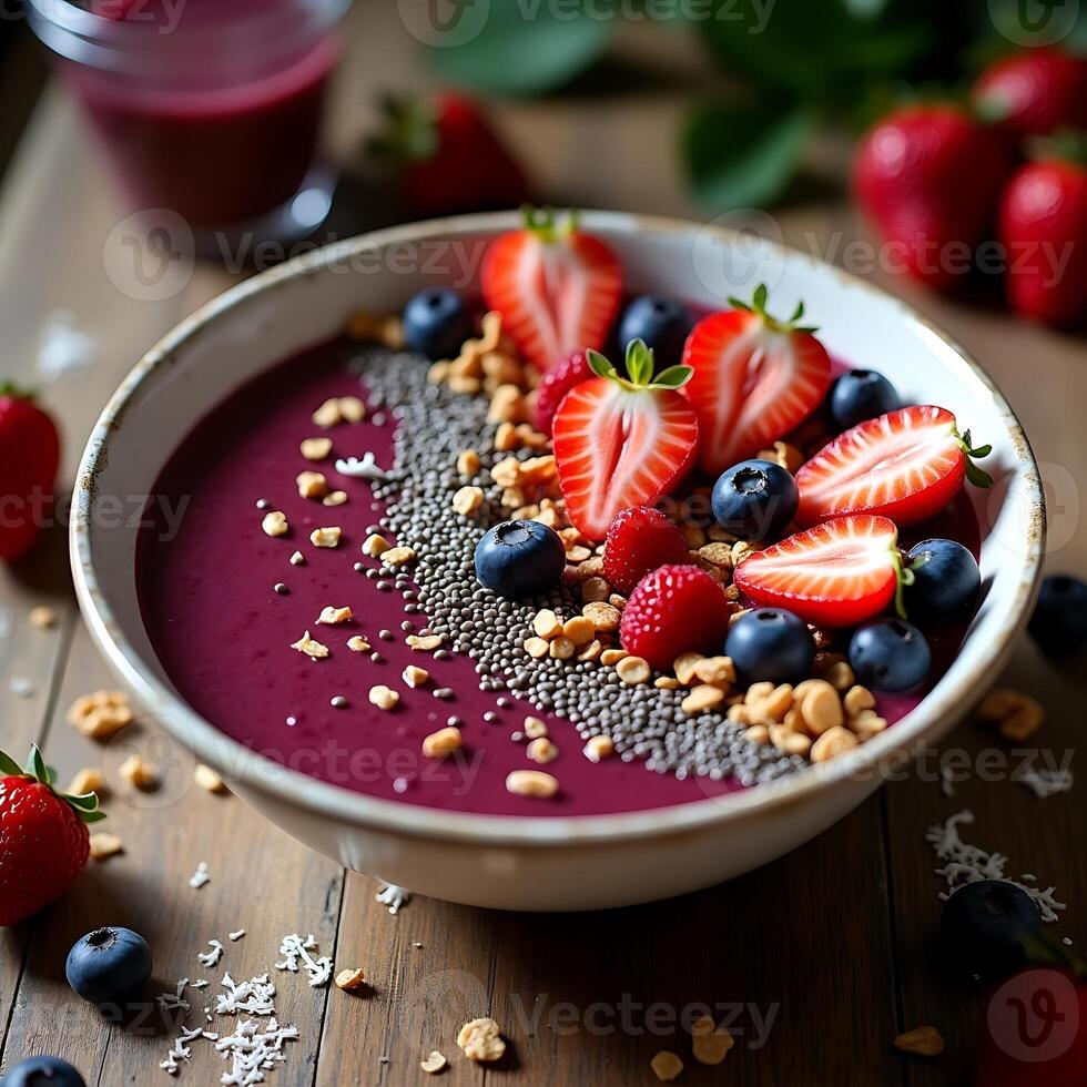 Berry Smoothie Bowl with Fresh Berries and Seeds on Wooden Table photo